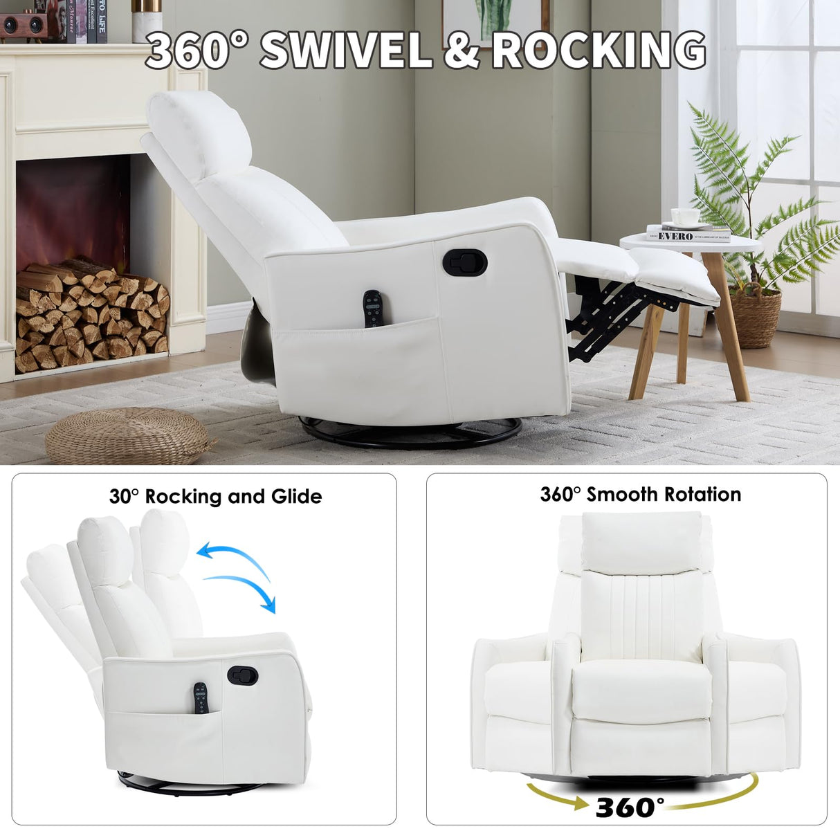 Trustyue Swivel Rocker Recliner Chair, 360° Swivel Recliner with Heat and Massage, Rocker Recliner Upholstered Fabric Nursery Glider Recliner Chair with Side Pockets for Living Room PU White Trustyue