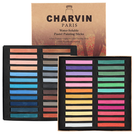 Charvin Artist Colored Chalk Pastels (Set of 48) - Water Soluble, Assorted Pastel Color Sticks for Wet, & Dry Painting Charvin