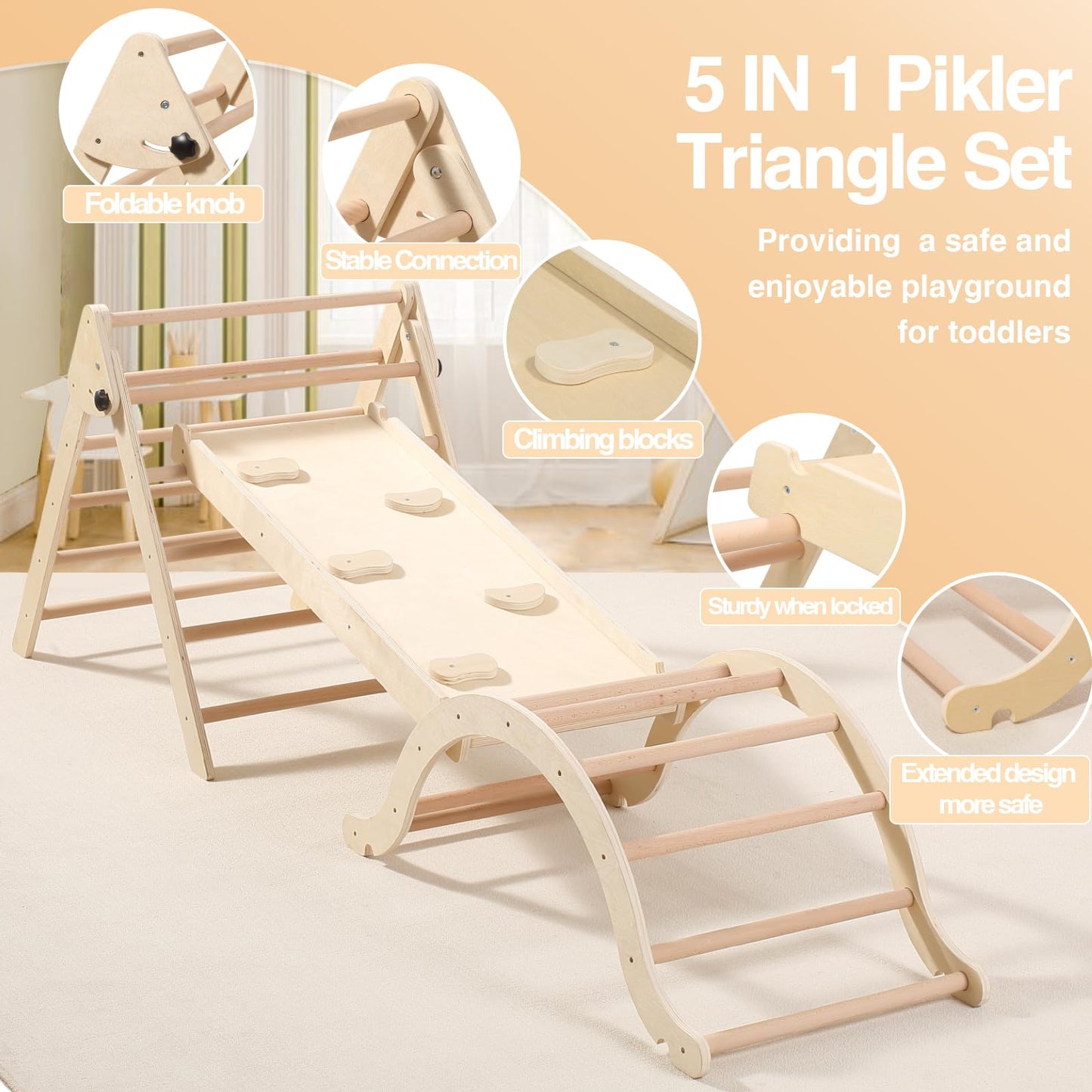 Giant bean Medium Foldable Pikler Triangle Set with Sliding Ramp & Climbing Arch Ramp, 5-in-1 Wooden Toddler Climbing Toys Indoor,Playground Jungle Gym for Kids Age 2-5, Montessori Climbing Set