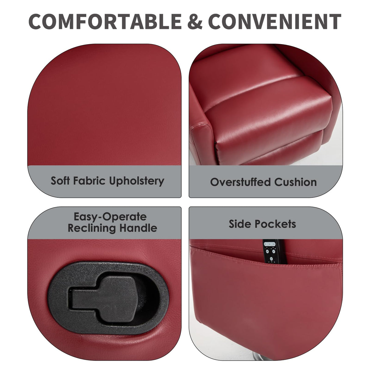 Trustyue Swivel Rocker Recliner Chair, 360° Swivel Recliner with Heat and Massage, Rocker Recliner Easy to Clean Leathery Nursery Glider Recliner Chair with Side Pockets for Living Room Red Trustyue