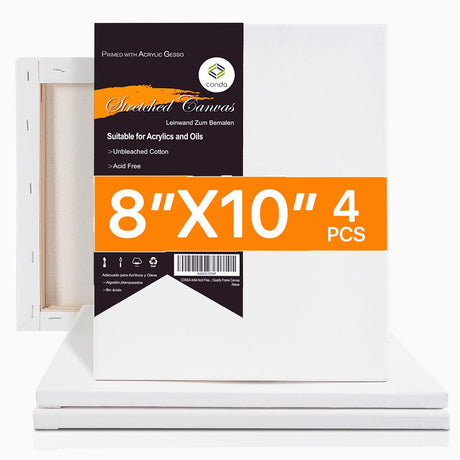 CONDA Stretched Canvas for Painting, 8x10 Inch 4 Packs of Canvases for Artist Art Supplies, 100% Cotton Primed Canvas, Profile Value Bulk Pack for Acrylics, Oils Painting conda