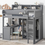 MERITLINE Twin Loft Bed with Desk and Storage Wardrobe & Shelves, Solid Wood Loft Bed Frame with Storage Shelves Bookcase Bookshelf for Teens Adults (Gray,Twin) MERITLINE