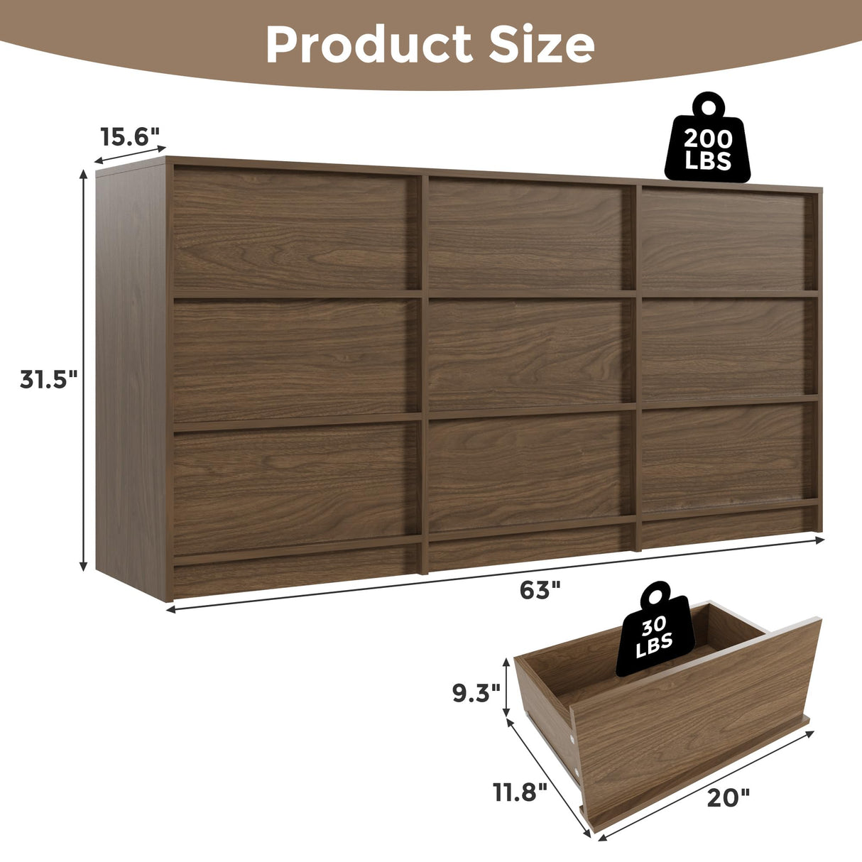 Jiaoun 9 Drawer Dressers for Bedroom, Modern Large Wood Dresser Chest of Drawers, Wide Dresser Organizer for Living Room, Hallway, Walnut Jiaoun