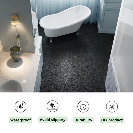 60 Pcs Floor Tiles, Pebble Pattern Plastic Interlocking Deck Tiles, 12" x 12" Patio Tile Outdoor Interlocking All Weather, Outdoor Waterproof Flooring for Bathroom Shower, Balcony, Porch, Black cloblane