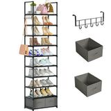 OYREL Tall Shoe Rack Narrow 10 Tier Shoes Rack 20 25 Pairs, Shoe Storage Organizer for Closet, Sturdy Metal Shoe Shelf Shoe Stand with 2 Boxes 1 Hook OYREL