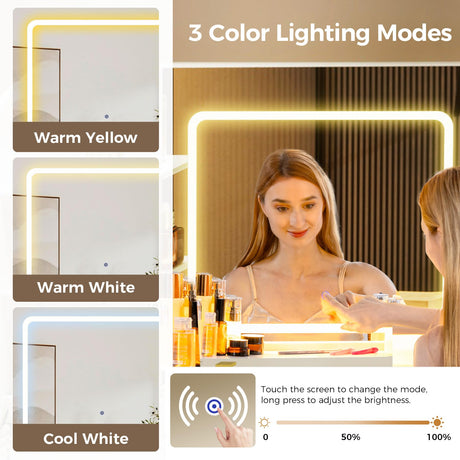 COMHOMA Makeup Vanity Desk with Mirror and Lights, Large Vanity Table with 6 Drawers & 1 Storage Cabinet, White Bedroom Dresser Table for Girls, 3 Color Modes Adjustable Mirror, White COMHOMA