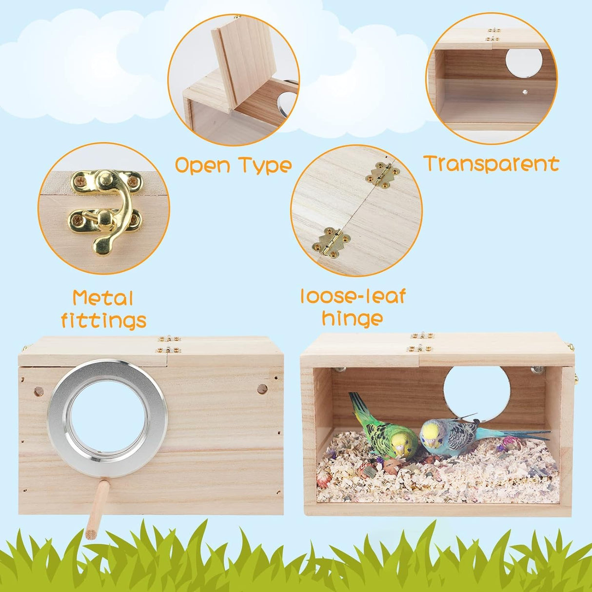 Natural Wood Nesting Box for Parakeet Birds Transparent Design Breeding Box with Perch Wood Bird Cage House for Cockatiel Lovebirds Budgie Finch Parrotlets Canary (Small) FORZENA