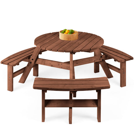 Best Choice Products 6-Person Circular Outdoor Wooden Picnic Table for Patio, Backyard, Garden, DIY w/ 3 Built-in Benches, 500lb Capacity - Walnut Brown Best Choice Products