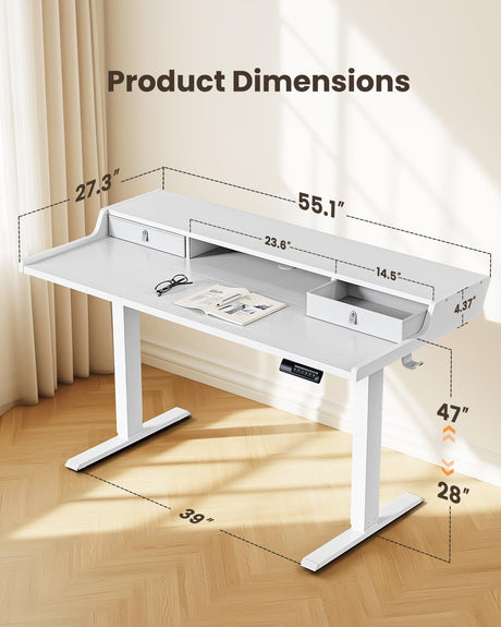 ErGear Electric Standing Desk with Drawers, 55″ x 28″ Gaming Desk with Monitor Stand, C-Clamp Mount Compatible, Home Office Height-Adjustable Desk with Storage Shelf, 4 Preset Heights, White, EGESD37W ErGear