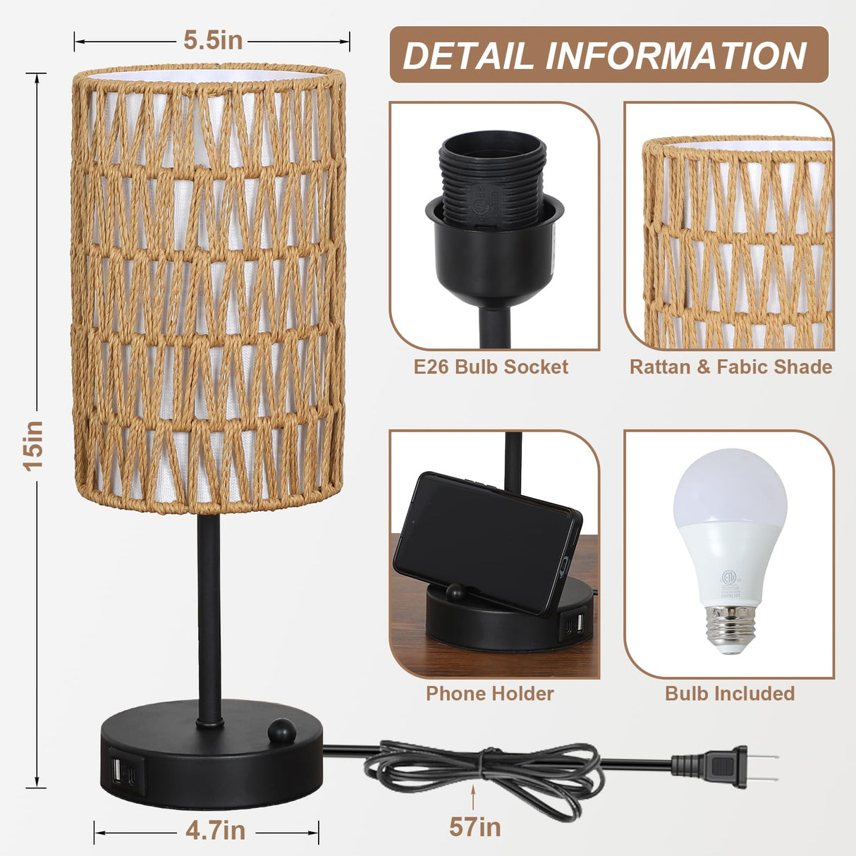Touch Table Lamp For Bedroom with Bulb, Boho Small Desk Lamp For Living Room With Rattan & Linen Shade, 3 Way Dimmable Bedside Table Lamp For Nightstand With USB Charging Port & Phone Stand For Office Eayaya