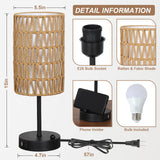 Touch Table Lamp For Bedroom with Bulb, Boho Small Desk Lamp For Living Room With Rattan & Linen Shade, 3 Way Dimmable Bedside Table Lamp For Nightstand With USB Charging Port & Phone Stand For Office Eayaya