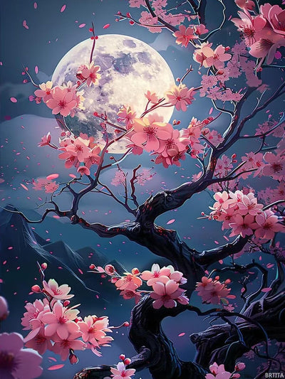 BRTITA Moon Cherry Blossom Landscape Diamond Painting Diamond Art Kits for Adults, Full Round Gemstone Crystal Cross Stitch Kit, for Wall Decor Gifts 12x16in / 30x40cm