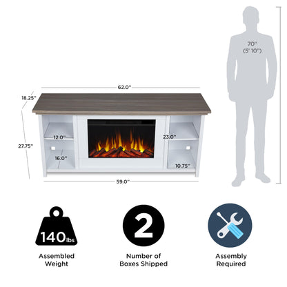 Real Flame Tramore 62" Slim Electric Fireplace TV Stand for TVs up to 60 inches, Entertainment center with adjustable shelves and storage, TV Stand for Living Room and Bedroom, Remote control, White