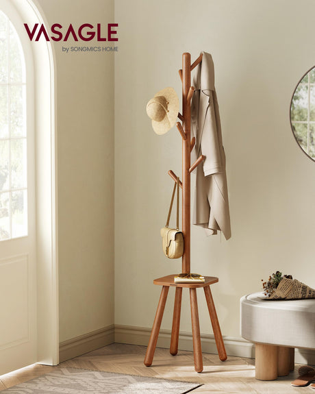 VASAGLE Coat Rack, Free Standing Coat Stand, Hall Coat Tree with 8 Hooks and Storage Shelf, 67.1 Inch Tall, for Coats, Hats, Bags, for Entryway, Hallway, Bedroom, Caramel Brown URCR033K01 VASAGLE