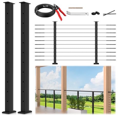 Gyykzz 2 Pack Porch Cable Railing Post Kits with Handed Thread Swage Lag Screws for Wood Post, 36" Black Stainless Steel Level Line Railing Post System, Fixed Top Complete Railing Kits for Wood Porch Gyykzz