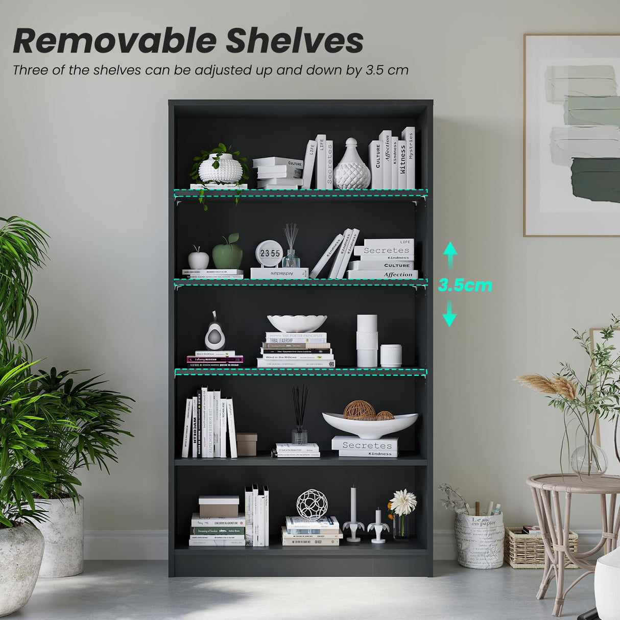 i-VTIES Bookcase Adjustable Storage Shelves,60-Inch Bookshelf,5-Tier Modern Wood Bookcase for Bedroom, Office, Living Room & Library(Black) i-VTIES