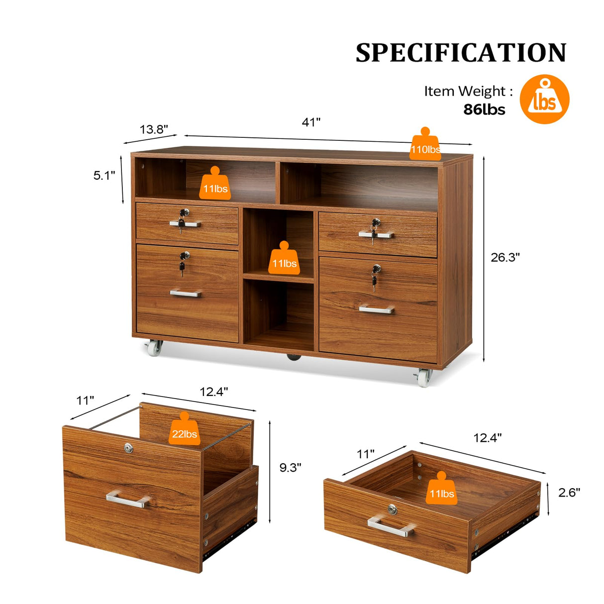 VINGLI Wide 4 Drawer File Cabinet with Lock, Wood Lateral File Cabinet with Open Shelves, Lockable Rolling File Cabinets for Home Office, Walnut File Cabinet Printer Stand, Letter Sized VINGLI