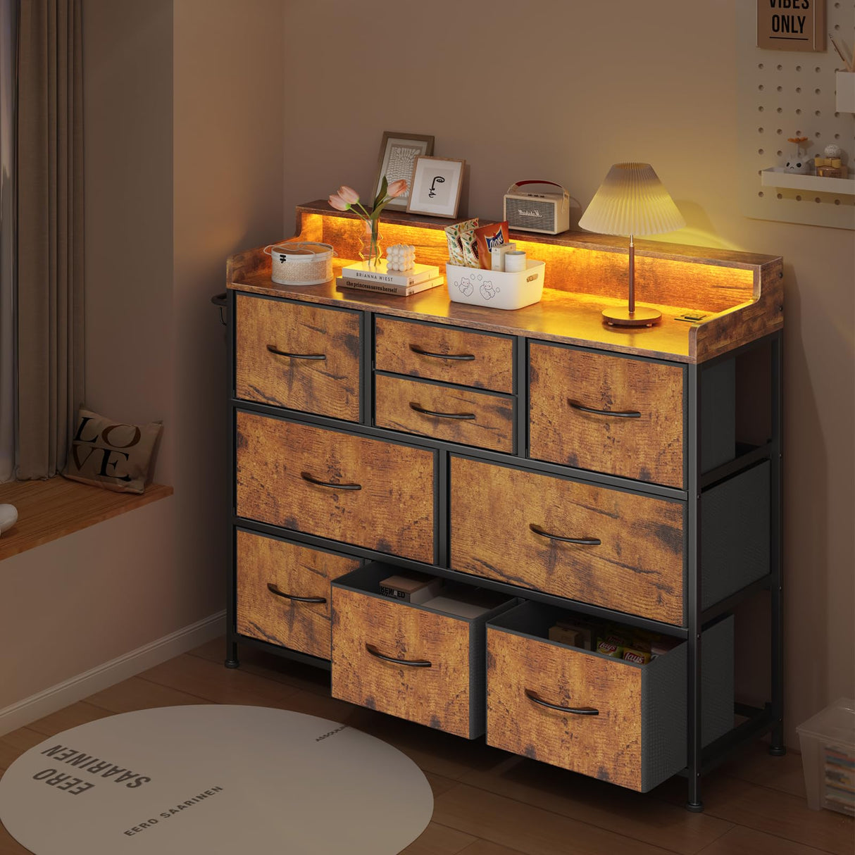Leadpro Dresser with Charging Station and LED Lights, Dresser for Bedroom TV Stand Dresser with 9 Drawers, Fabric Drawers Storage Dresser Organizer for Living Room, Hallway, Closet (Rustic Brown) Leadpro