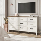 BAZELOR Farmhouse 9 Drawers Dresser for Bedroom, Modern Dresser with Metal Handle, Natural Texture, Wood Rustic Chest of Drawers for Bedroom,Living Room,Hallway and Entryway, Antique White BAZELOR