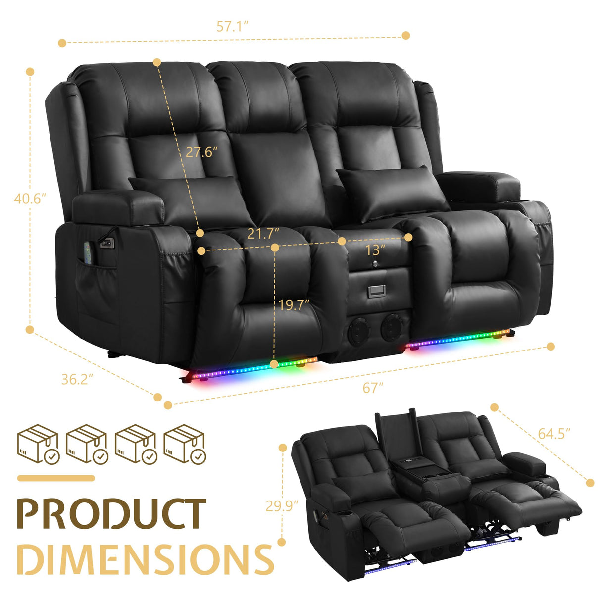 Houjud Power Loveseat Recliner Sofa with Console, RV Flip Middle Backrest Design 3 Seat Reclining Sofa Couch with Vibrating Massage and Heat, LED Light, USB, Bluetooth Speakers, Outlets, Black Houjud