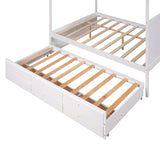 Polibi Queen Size Canopy Platform Bed with Twin Size Trundle, Wooden Daybed Frame with 3 Storage Drawers, White Polibi