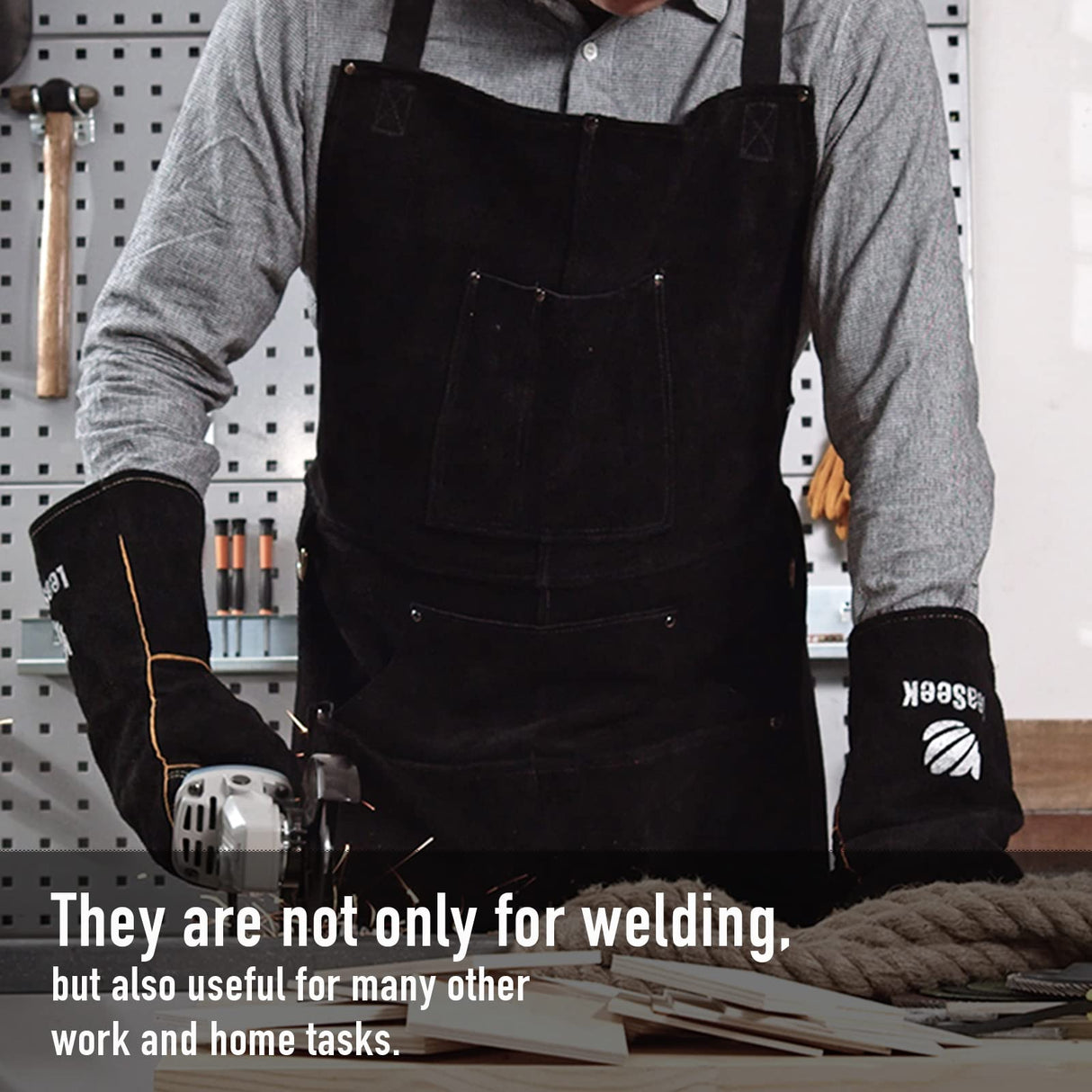 Leather Work Apron with Gloves - 6 Tool Pockets for Men& Women - Welding Apron - Ideal for Woodworking, Blacksmithing, Gardeners, Mechanics, BBQ - Adjustable M to XXXL LeaSeek