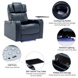 P PURLOVE Power Motion Recliner Chair for Home, PU Electric Recliner with Cooling Cup Holder, Bluetooth Speaker and LED Lights, Home Theater Seating with USB Ports, Tray Table and Arm Storage, Blue P PURLOVE