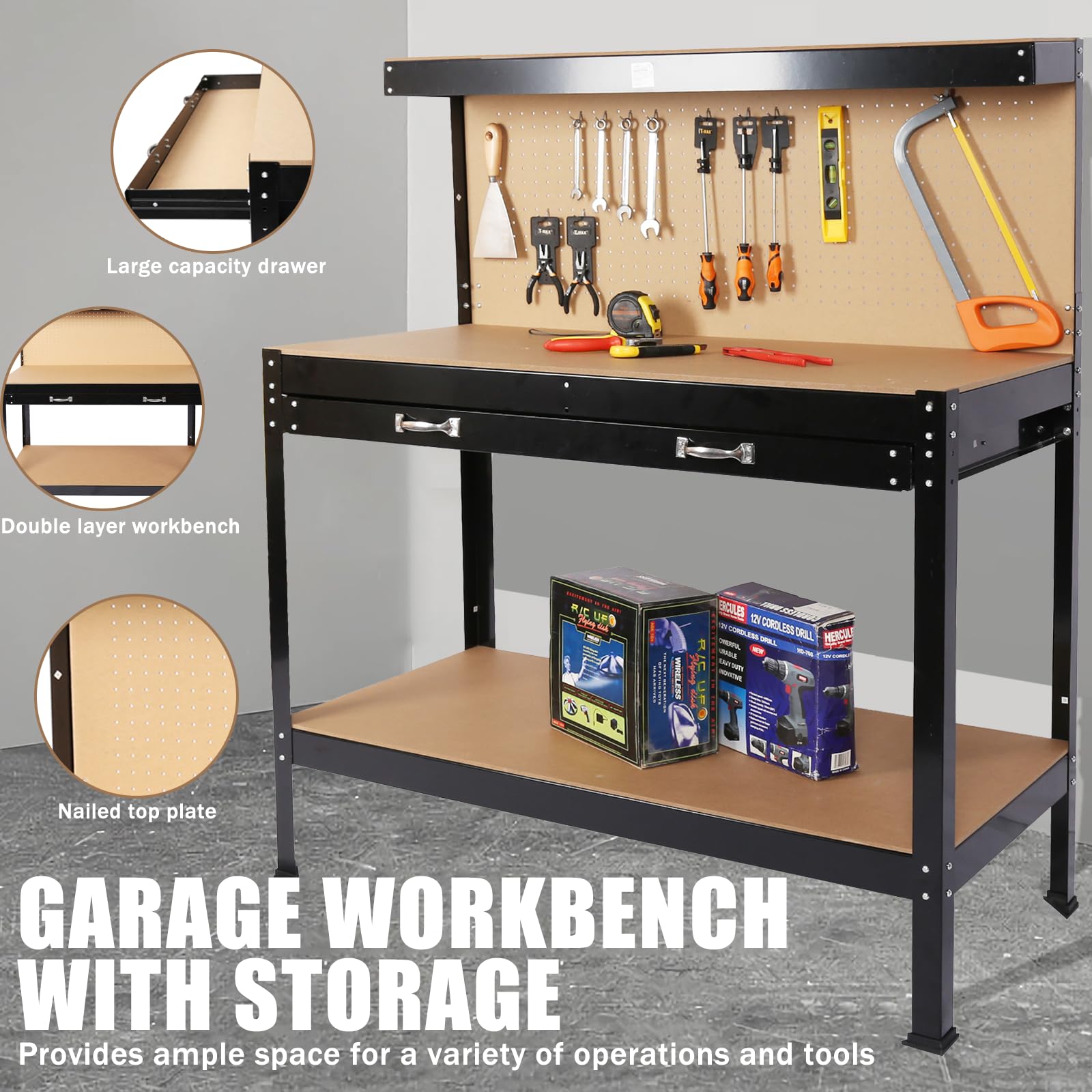 SPOWAY 63'' Garage Workbench, 300 Lbs Load Capacity Heavy Duty Work Bench, Workbench with Pegboard Drawer Backplate Metal Frame Wood Top Workbench for Workshop Office Home Garage - WoodArtSupply