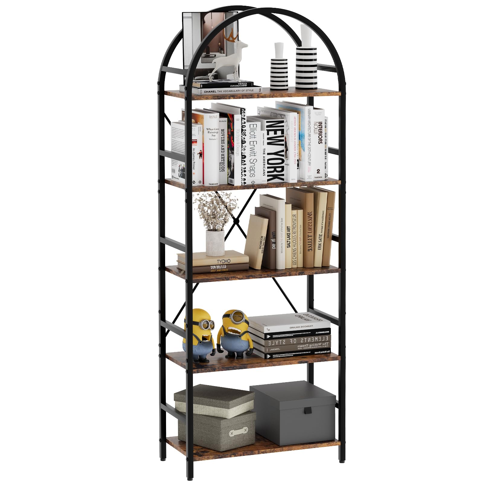 Arbuxzuy 5-Tier Industrial Arched Bookshelf - Vintage Open Storage Rack for Home Office - WoodArtSupply