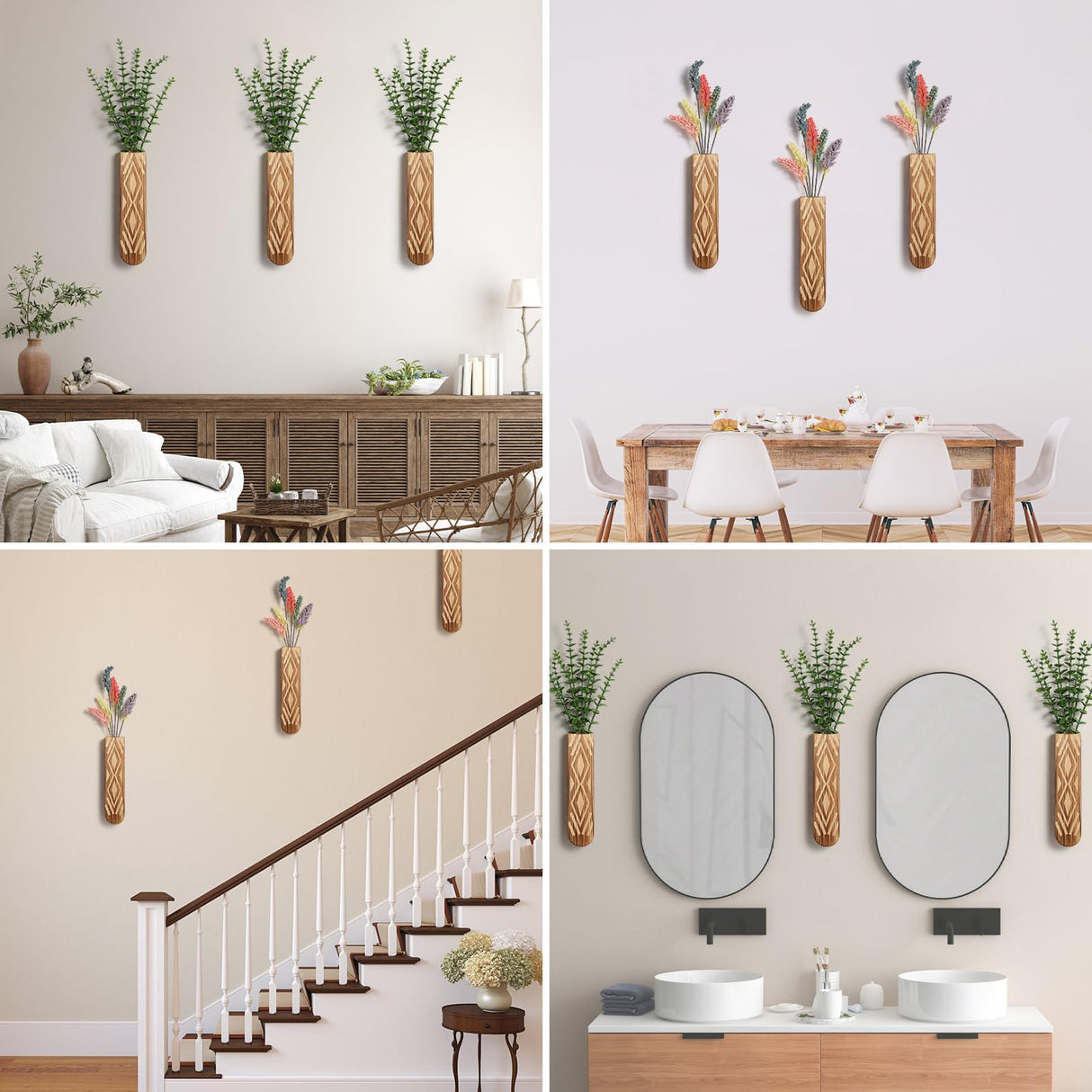 WEWEOW Wall Planter, Geometric Pattern Wall Vase for Living Room and Farmhouse Wall Decor, 3 Pack Hanging Planter for Holding Dried Flowers and Faux Greenery, Modern Wood Planter WEWEOW