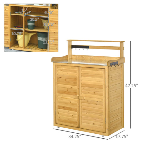 Outsunny Garden Potting Bench Table Wooden Workstation Shed with Tabletop, Hooks, 3-Tier Shelves Cabinet and 2 Magnetic Close Doors Outsunny