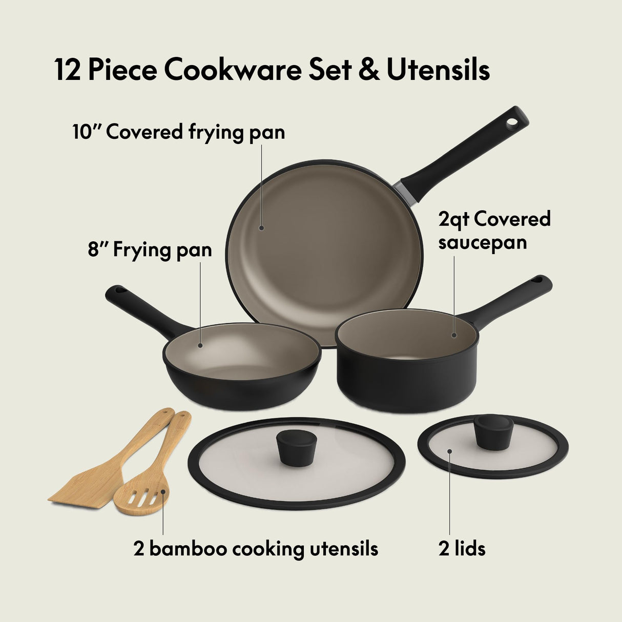 bella 7 Piece Cookware Set with EverGood™ Ceramic Nonstick Coating, Dishwasher Safe Oven Safe, All Stovetops Compatible, Glass Lids with Silicone Rims, Cool Touch Handles, Black BELLA