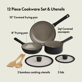 bella 7 Piece Cookware Set with EverGood™ Ceramic Nonstick Coating, Dishwasher Safe Oven Safe, All Stovetops Compatible, Glass Lids with Silicone Rims, Cool Touch Handles, Black BELLA