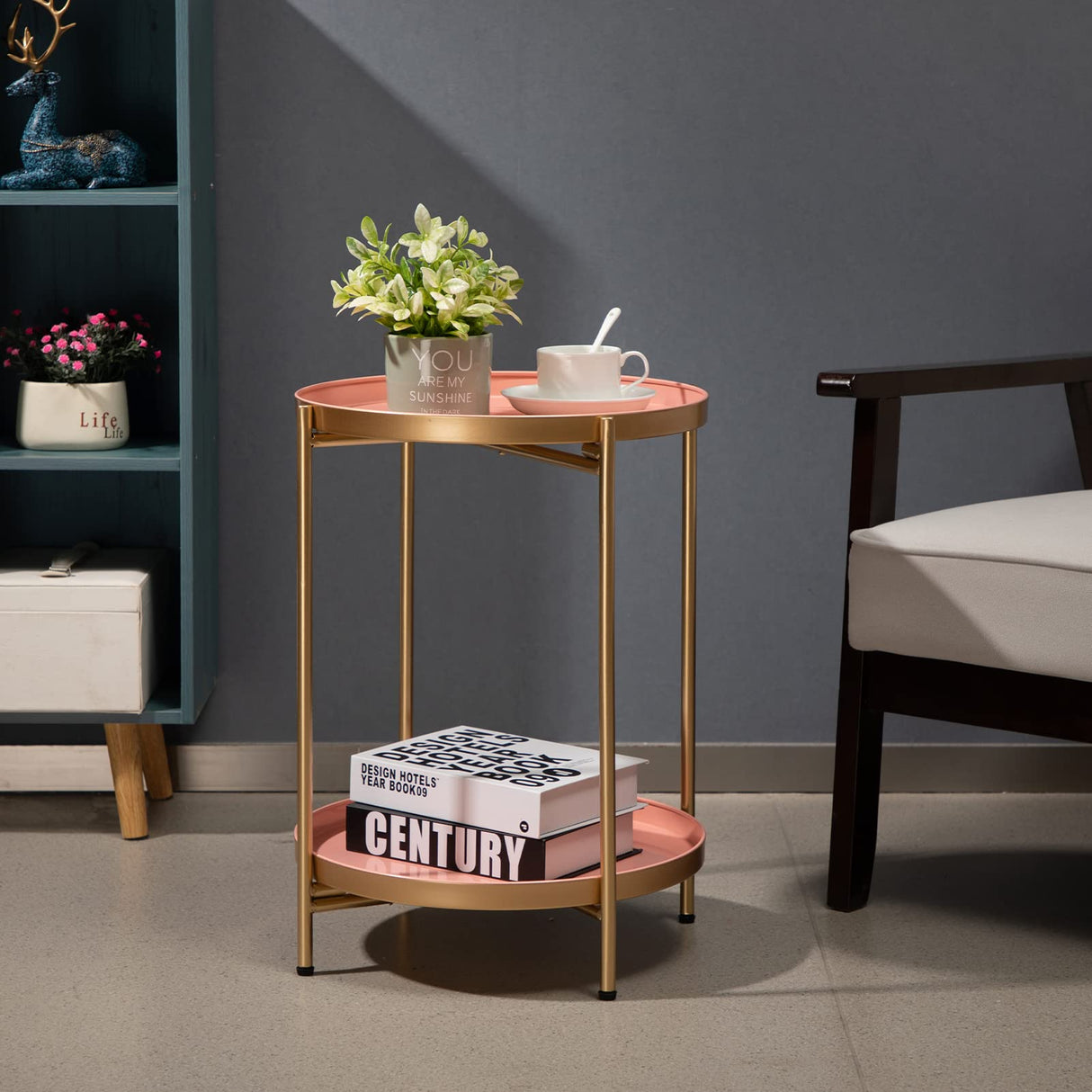 HollyHOME 2-Tier Round Gold Side Table, Outdoor Small Folding Accent Stand with Removable Tray, Anti-Rust Metal Asional Table for Balcony Patio Living Room, Nightstand for Bedroom(Gold&Pink) HollyHOME