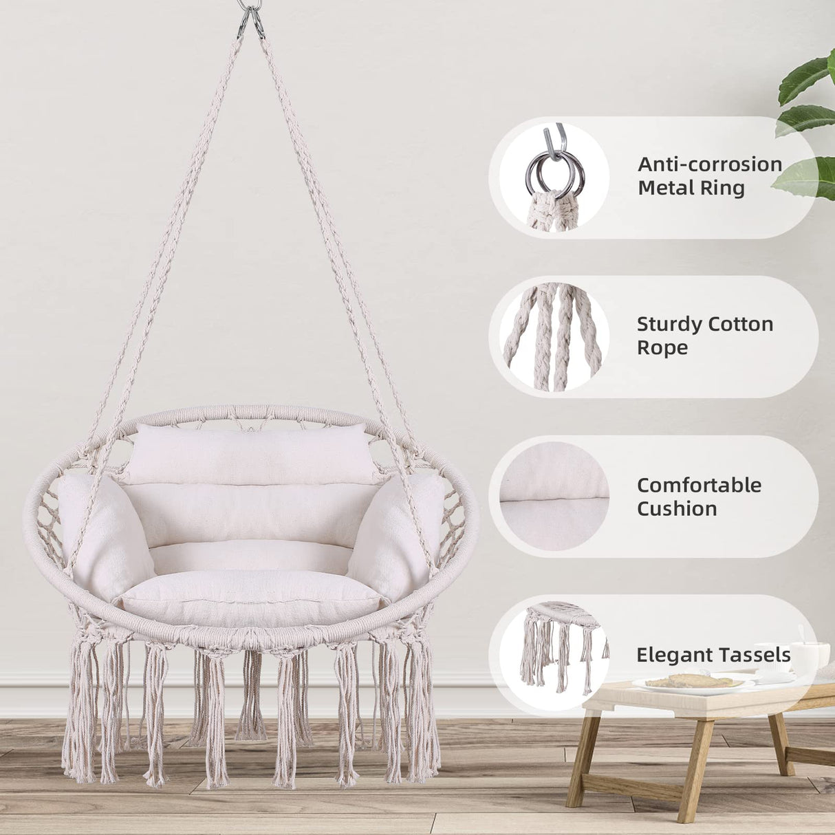 Goutime Hammock Chair, Macrame Hanging Swing Chairs with Cushion and Hardware Kit,Adult Boho Swings for Outside,Patio,Balcony,Bedroom (Beige) GOUTIME