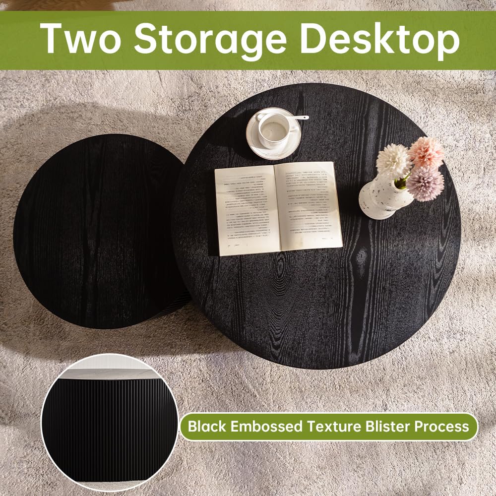 Round Nesting Coffee Table Modern Black Fluted Coffee Table Set of 2 Stripe Round Coffee Tables Drum Crescent Side Table Accent End Table for Living Room (Black B Large) WUPDPQS