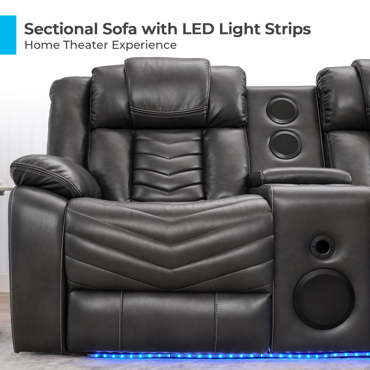 Comfort Stretch Power Recliner Sectional Sofa Couches with Bass Speakers for Living Room, Faux Leather Reclining Corner Sectionals Sofa Couch Sets with LED Light, Electric Theater Recliners Home,Grey Comfort Stretch