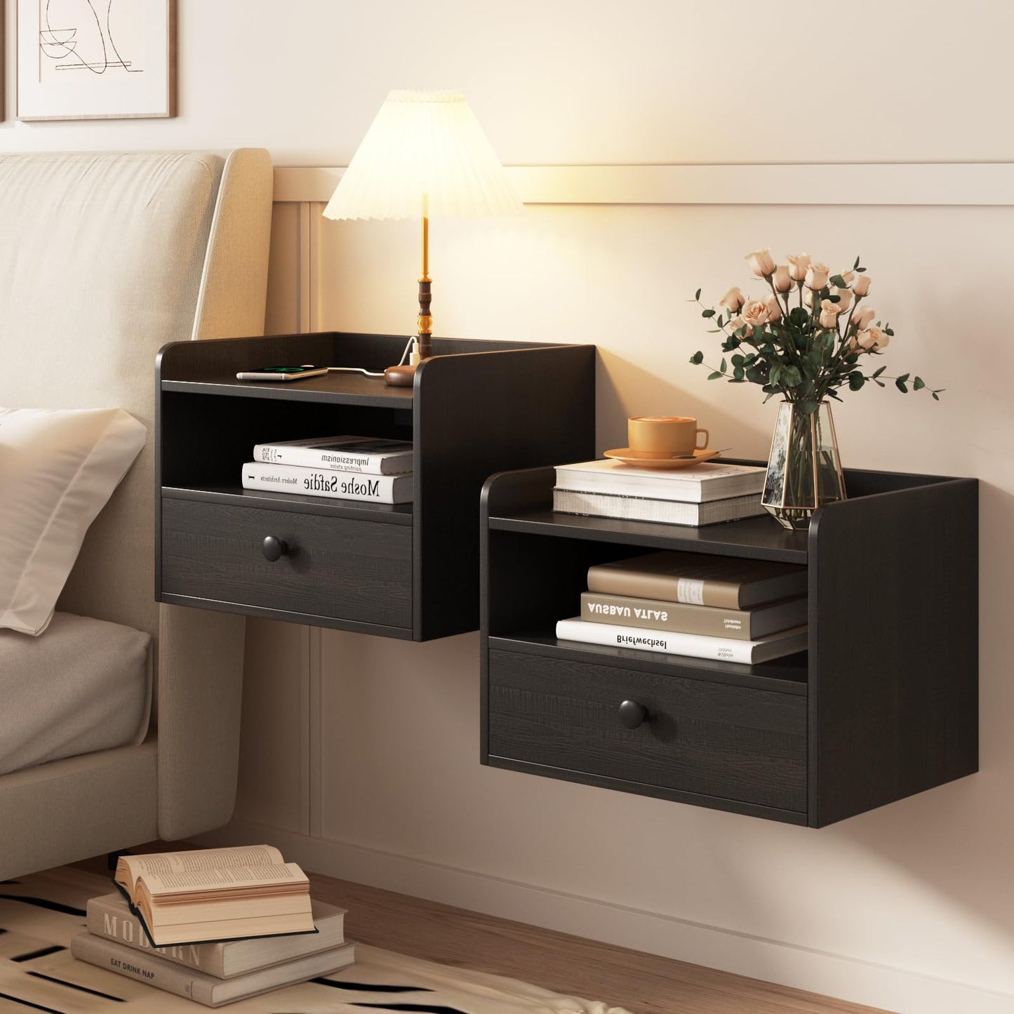 Black Floating Nightstand Set of 2 with Charging Station and Storage Drawer Wall Mounted Bedside End Table Wood Modern Night Stand for Bedroom Nightstands Set 2 Black - WoodArtSupply