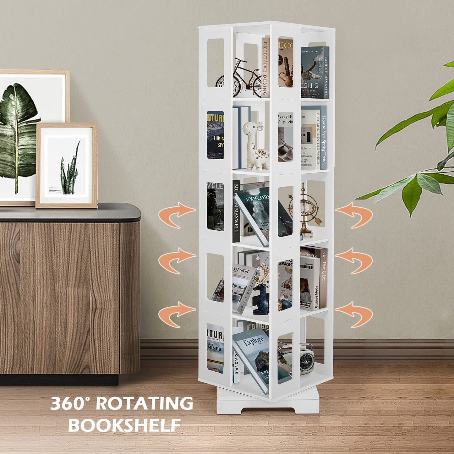 Foriy 5-Tier 360° Rotating White Bookshelf for Kids and Adults - Space-Saving Floor Standing Storage Solution - WoodArtSupply