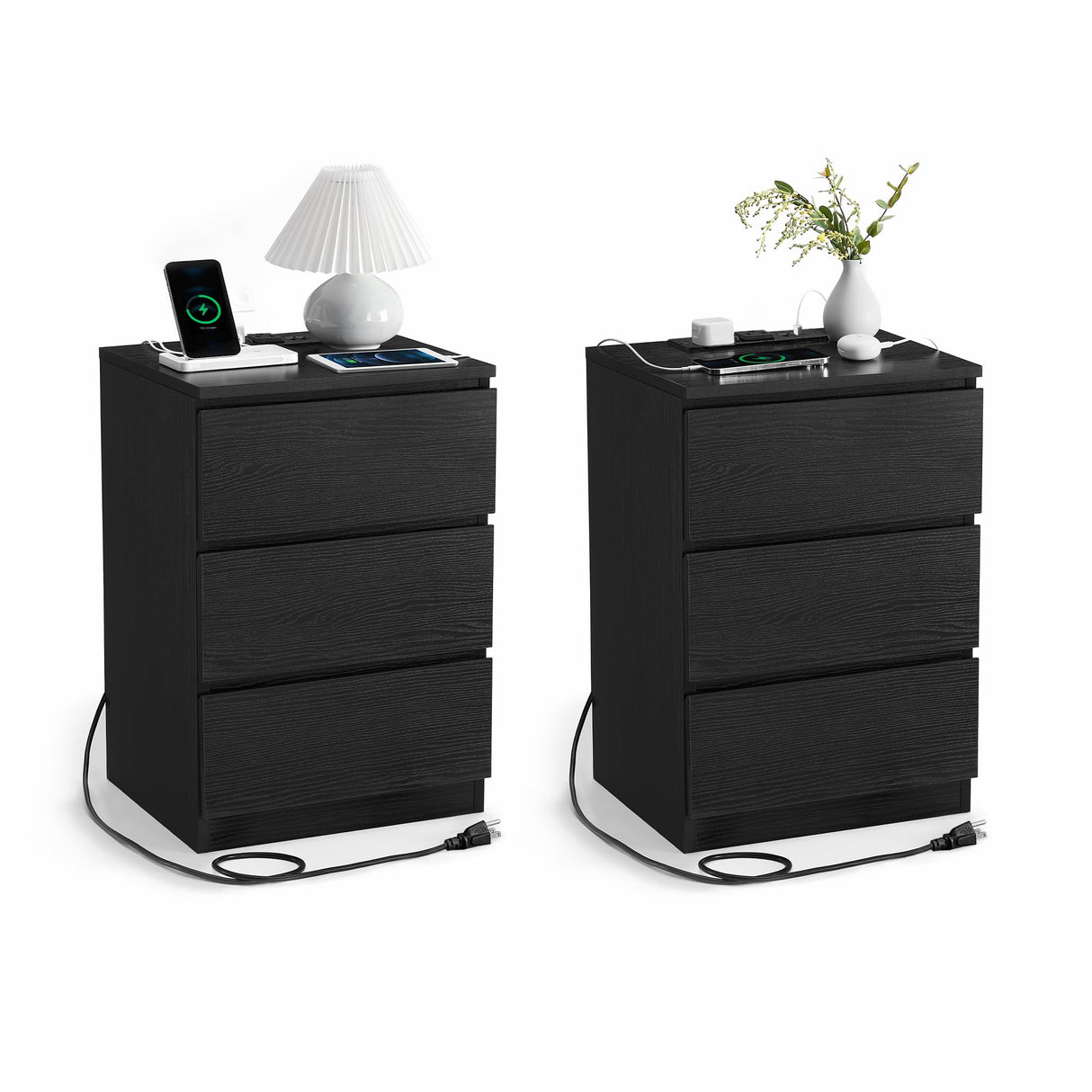 VASAGLE Nightstands with Charging Station, Set of 2, AC Outlets and USB Ports, Bedside Tables, Side Tables with 3 Drawers, Modern Style, 13.8 x 15.7 x 23.2 Inches, Ebony Black ULET731B58 VASAGLE