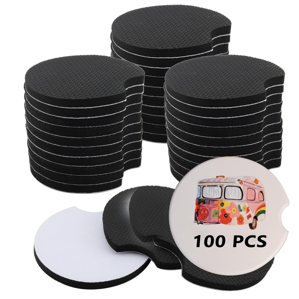 HEIHAK 100 PCS 2.75 Inch Sublimation Blank Car Coasters, Round Circular Opening Blank Sublimation Coasters, Heat Transfer Blank Sublimation Cup Coasters for DIY Craft Printing Thermal Sublimation HEIHAK
