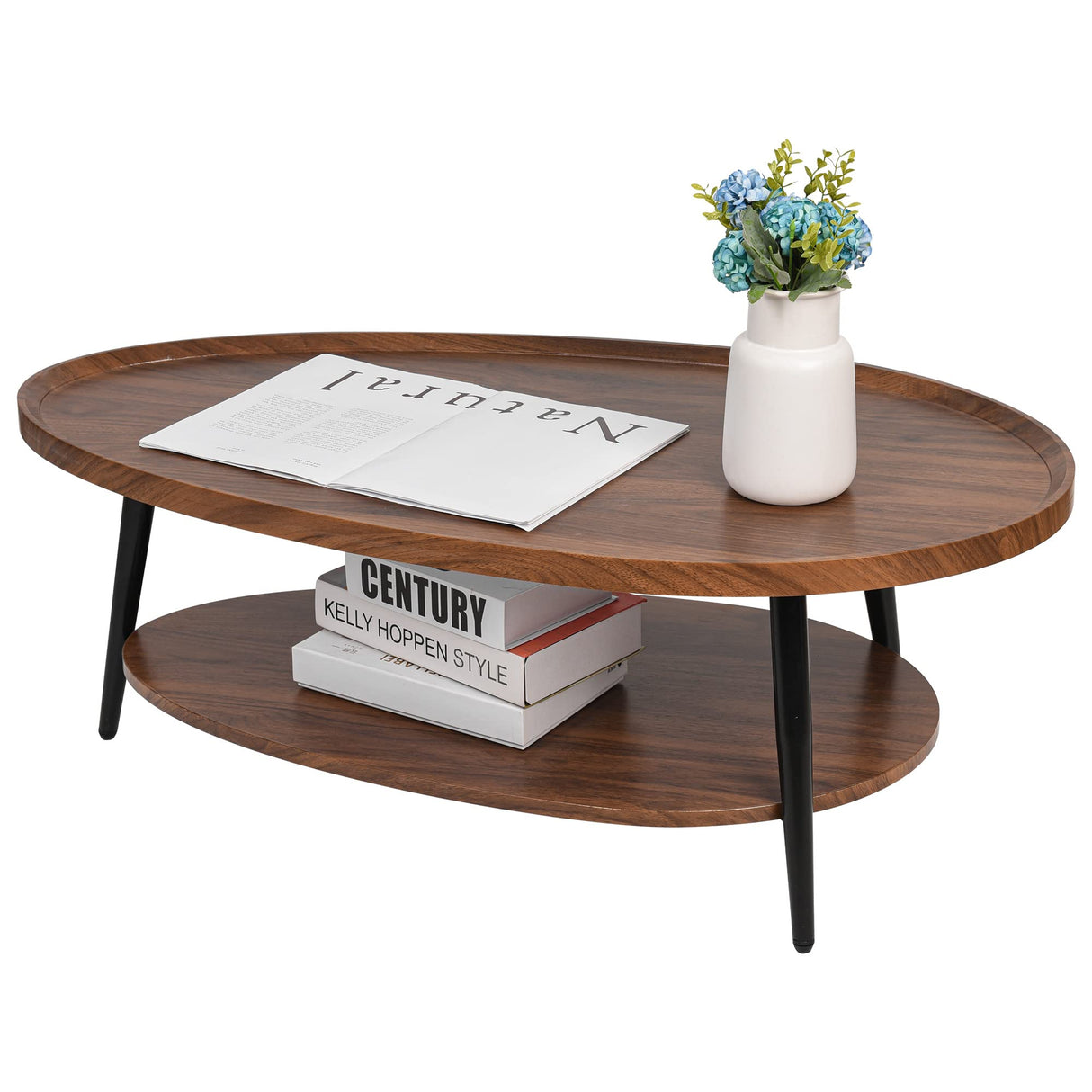 Zedesey 2-Tier Coffee Table Water-Shaped Wood Center Table Mid Century Oval Coffee Table Rustic Farmhouse Coffee Table for Living Room, Bedroom, 40", Brown Zedesey