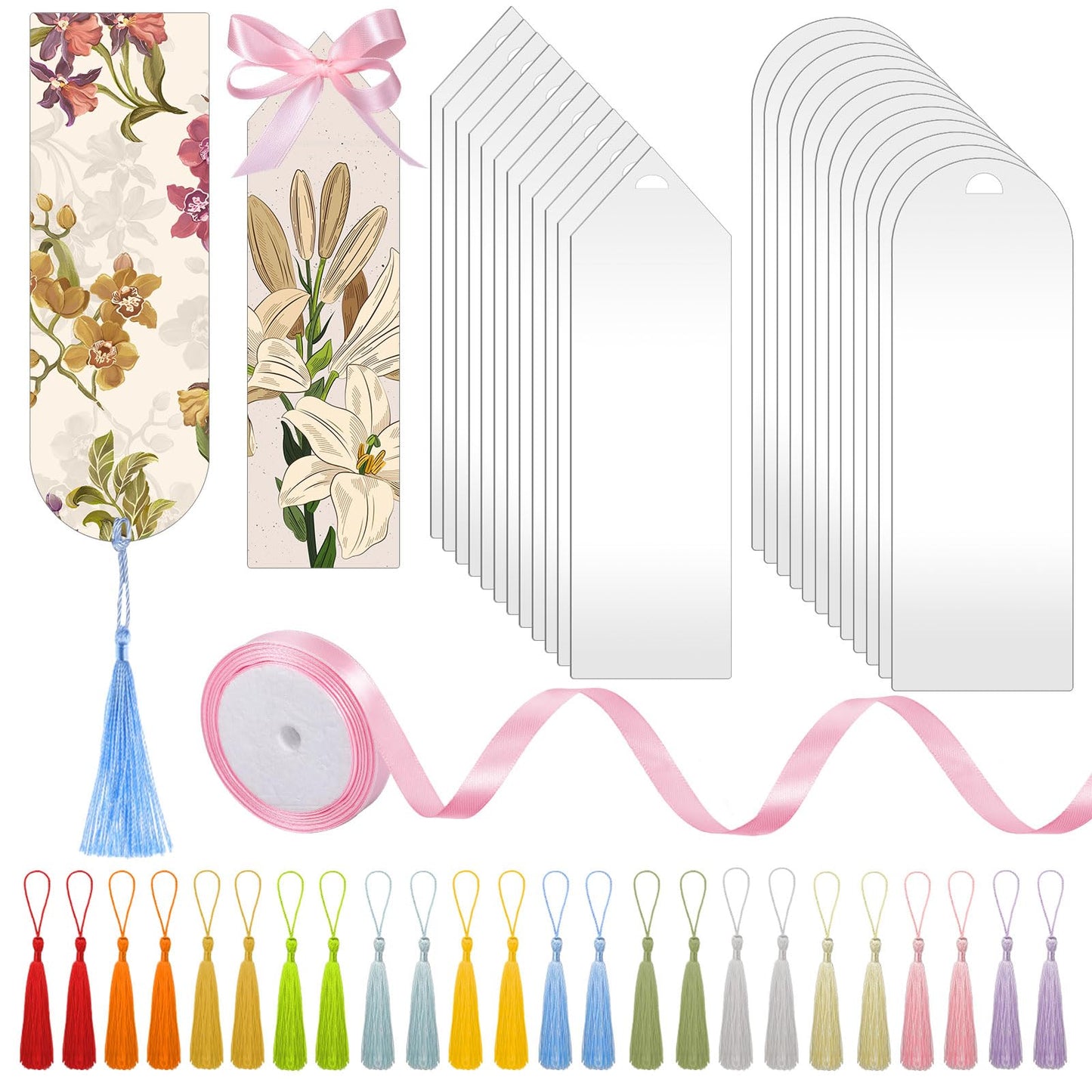 49Pcs Acrylic Bookmark Blanks Kits, Clear Acrylic Craft Bookmarks for Women, 24Pcs Plastic Bookmarks with 24Pcs Colorful Tassel and 1 Roll Ribbon, Christmas Gift Bookmarks, DIY Bookmark Accessories