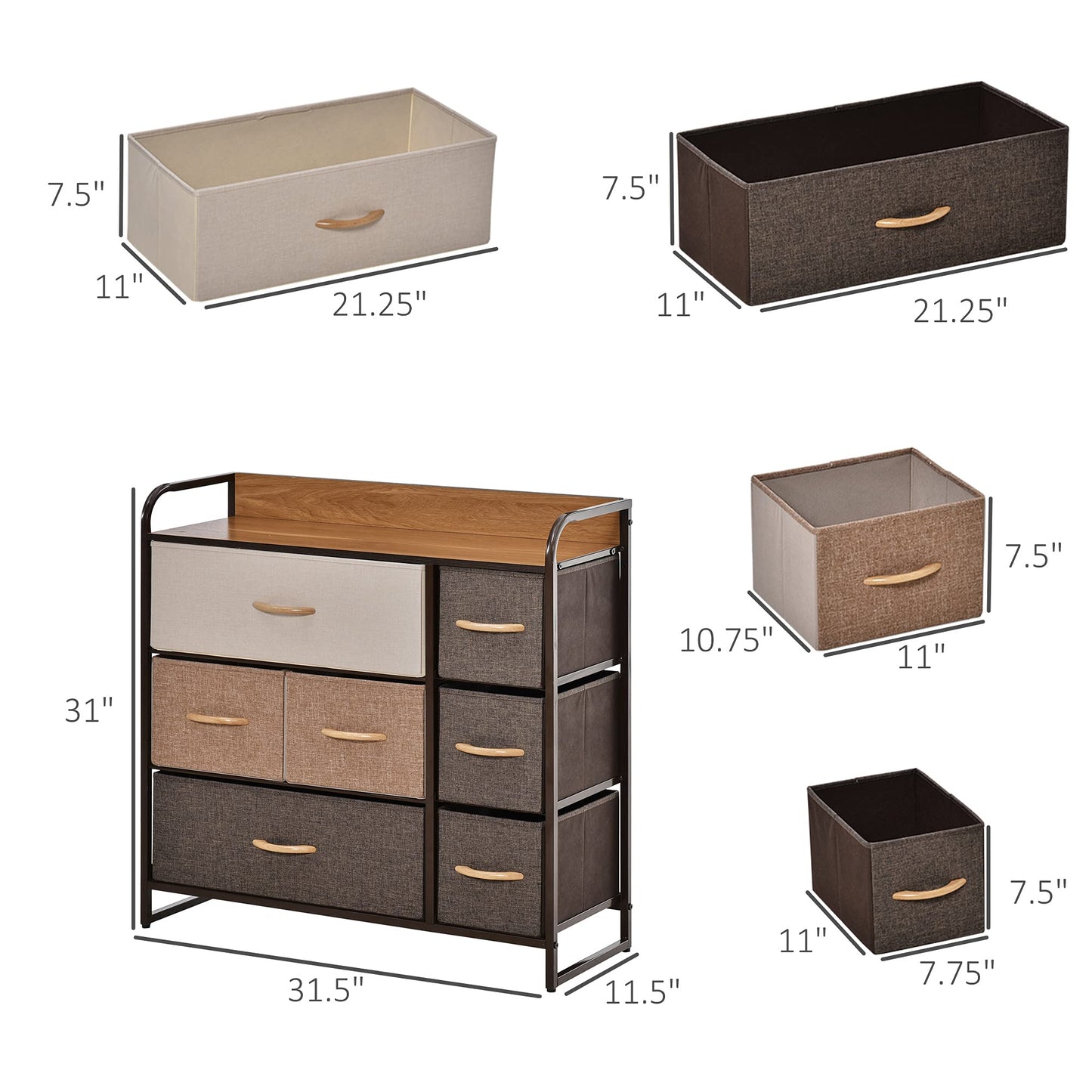 HOMCOM 7-Drawer Dresser, Fabric Chest of Drawers, 3-Tier Storage Organizer for Bedroom Entryway, Tower Unit with Steel Frame Wooden Top, Maple Wood