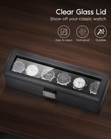 Vlando Watch Case for Fathers Day Gifts, 6-Slot Watch Box for Men with Glass Lid, Lockable, Business Textured Leather, Soft Pillow, Gifts for Dad, Husband, Friends - Black Vlando
