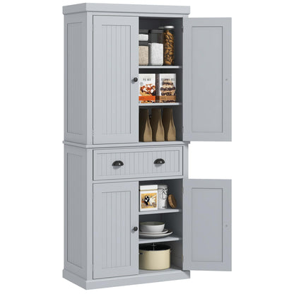 HOMCOM 72" Kitchen Pantry Cabinet, Freestanding Tall Storage Cabinet, Traditional Kitchen Cabinet with 4 Doors, Drawer and 3 Adjustable Shelves for Dining Roomd, Gray - WoodArtSupply