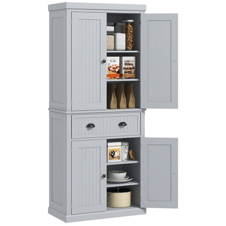 HOMCOM 72" Kitchen Pantry Cabinet, Freestanding Tall Storage Cabinet, Traditional Kitchen Cabinet with 4 Doors, Drawer and 3 Adjustable Shelves for Dining Roomd, Gray HOMCOM