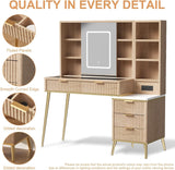 48" Fluted Makeup Vanity Desk with Sliding Mirror and Lights, Wooden Dressing Table with 5 Drawers and Adjustable Shelves,Makeup Vanity Table Modern Glass Top Charging Station for Bedroom (Wooden) TTSITG