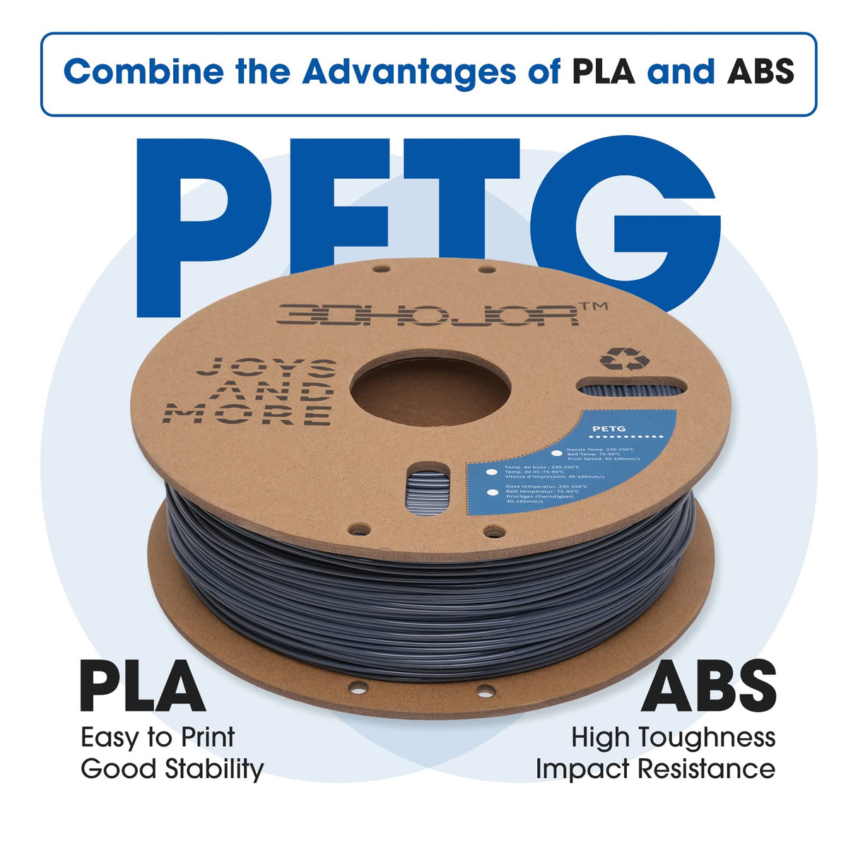 3DHoJor PETG Filament 1.75mm Grey, 3D Printing Filament 1kg Spool(2.2lbs), 3D Filament 1.75mm Dimensional Accuracy +/- 0.03mm Non Tangling Non Clogging Non Stringing,Print with Most 3D Printers 3DHoJor