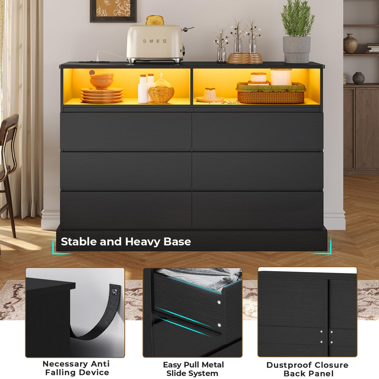 Hasuit Black Dresser for Bedroom with LED Lights and Charging Station, 51.2" Long Dresser Chest of Drawers with Large Drawers and Open Space, Modern 6 Drawer Dresser for Bedroom, Living Room, Entryway Hasuit